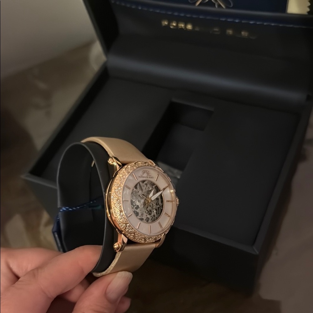 NIB Liza Automatic Satin Leather Porsamo Bleu Gold-Pearl Watch Topaz Bezel - Picture 10 of 11